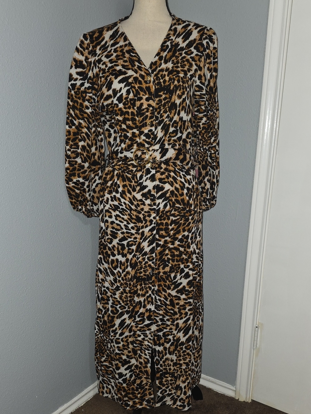 Leopard Print Maxi Dress with Self-Tie Belt - Brown/Black/Cream